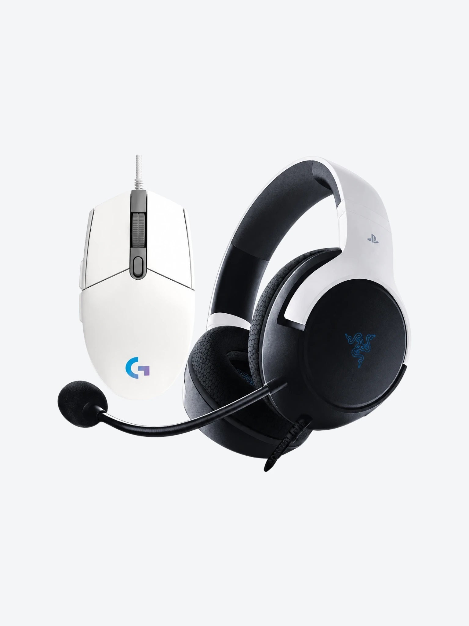 Combo de Headset Gaming Razer RZ04-03970700-R3U1 Color Blanco con Negro con Mouse Gaming Logitech G203 910-005791 Lightsync 8000 DPI Color Blanco