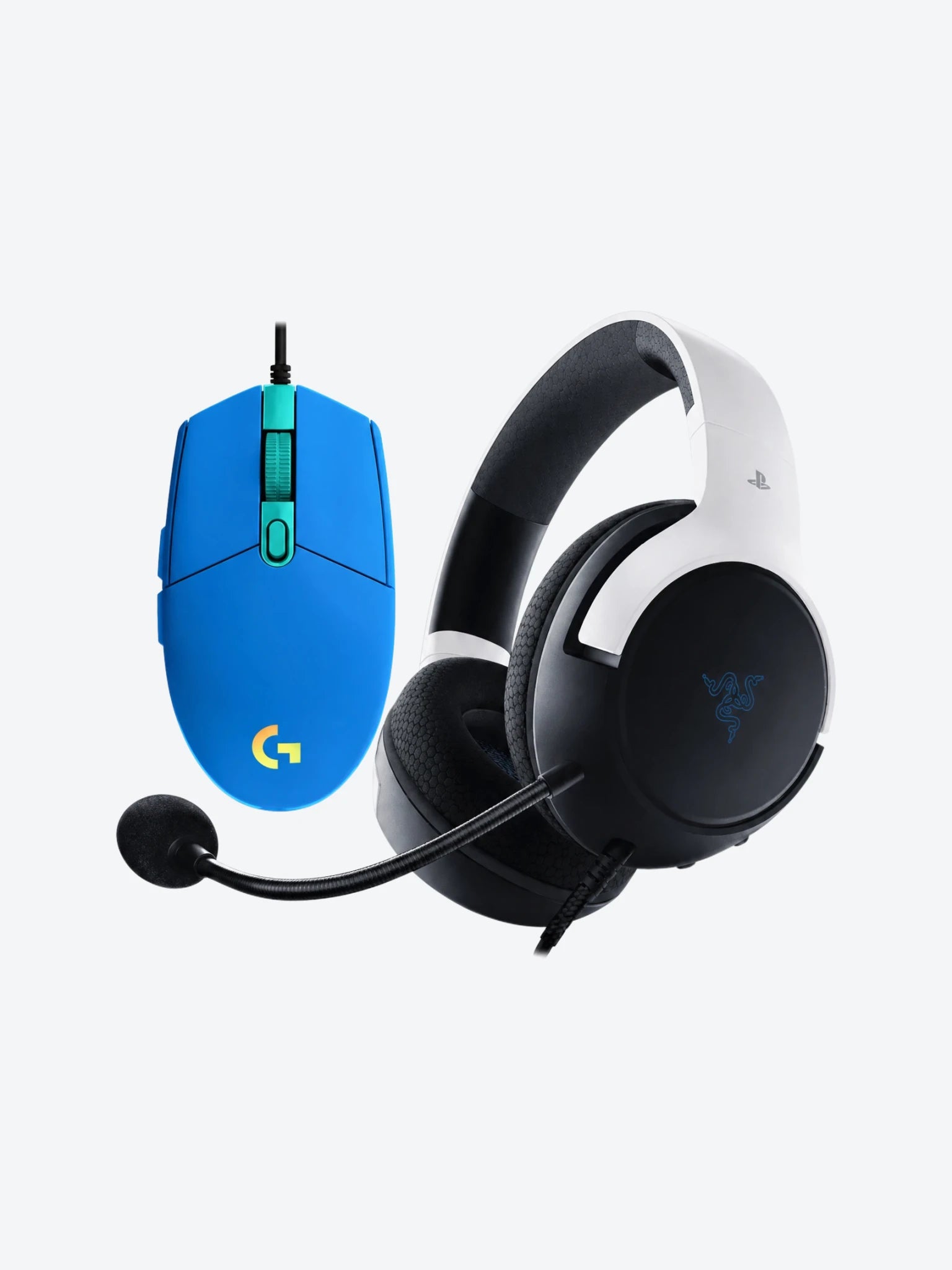 Combo de Headset Gaming Razer RZ04-03970700-R3U1 Color Blanco con Negro con Mouse Gaming Logitech G203 910-005792 Lightsync Color Azul