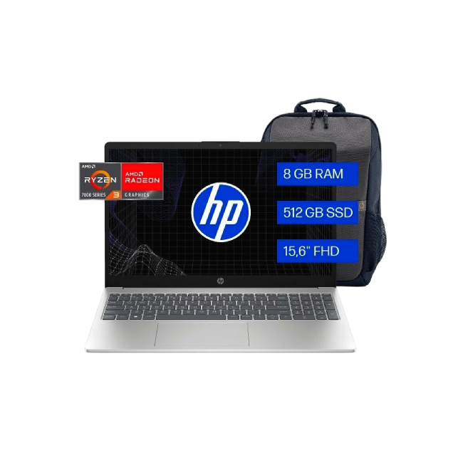 HP Laptop / 15,6 / FHD / NT / Ryzen 3 7320U / 8GB / 512GB / Win11 / Con Mochila/ Silver-1