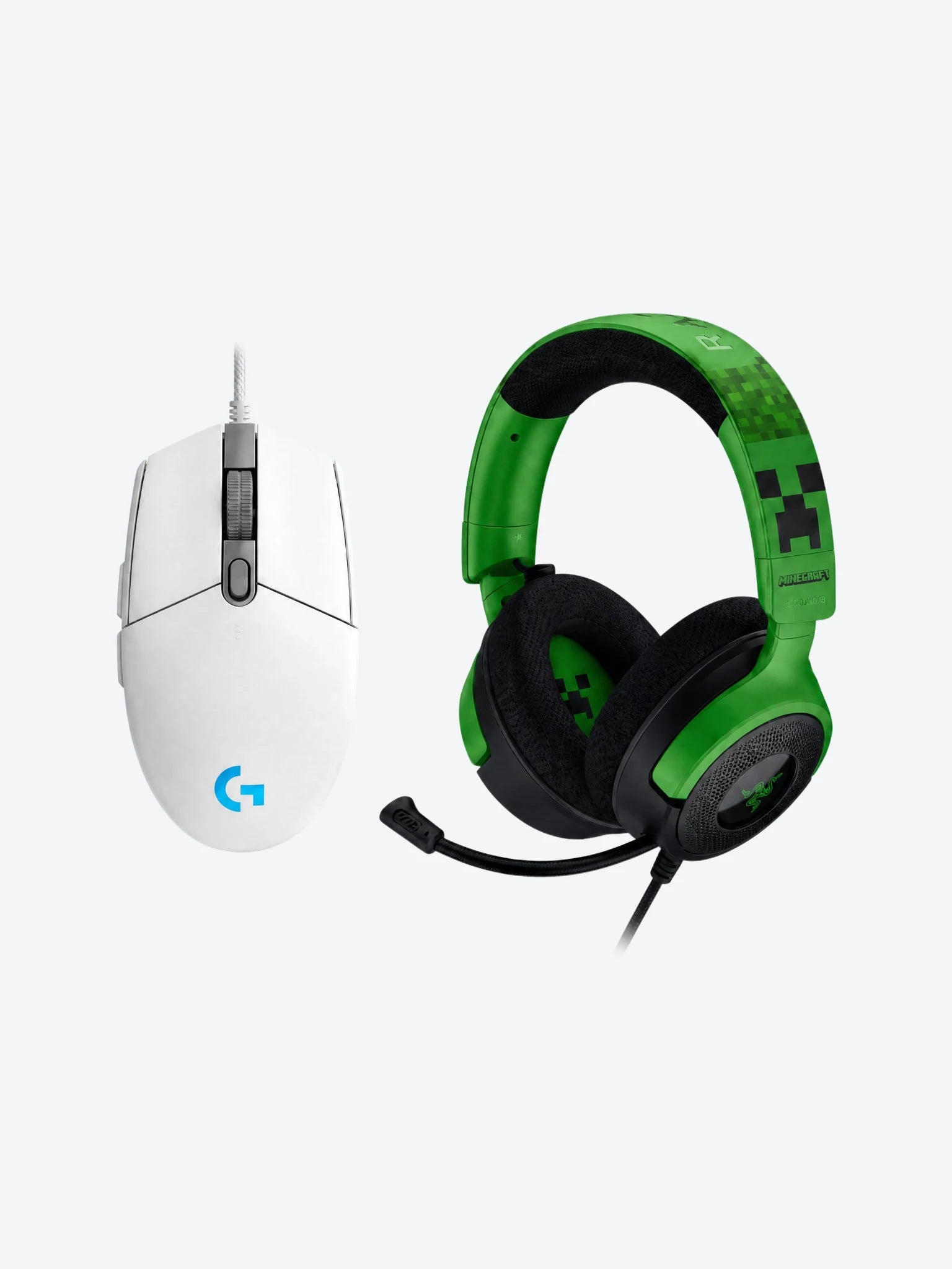 Combo de Headset Gaming Razer RZ04-05180200-R3M1 Kraken V4 X Wired Color Verde Minecraft con Mouse Gaming Logitech G203 910-005791 Lightsync 8000 DPI Color Blanco
