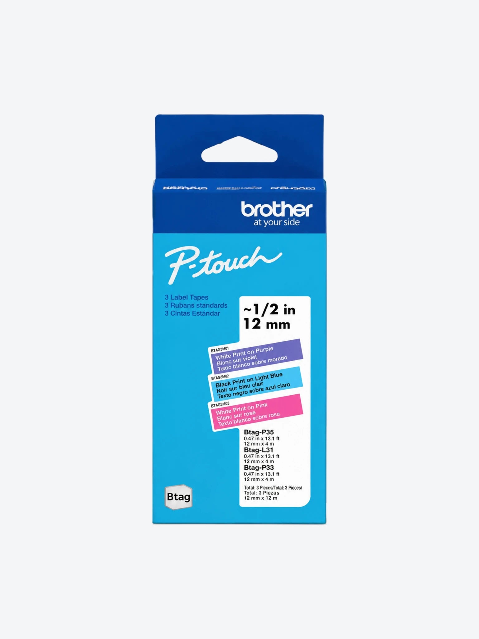 CINTA PARA ETIQUETADORA BROTHER BTAG3M02 12MM X 4M BTAG 3PK BLANCO/PURPURA NEGRO/AZUL CLARO BLANCO/R