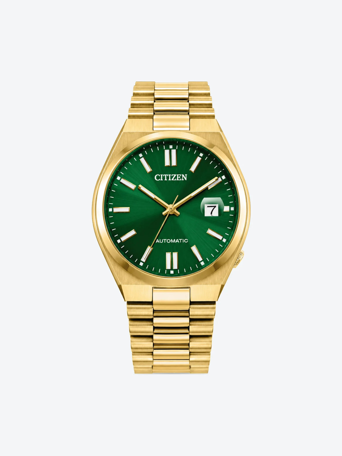 Reloj de Pulsera Automtico Tres Manecillas y Fechador de Caballero esfera verde con Caja y Banda de Acero Inoxidable Dorado.-1