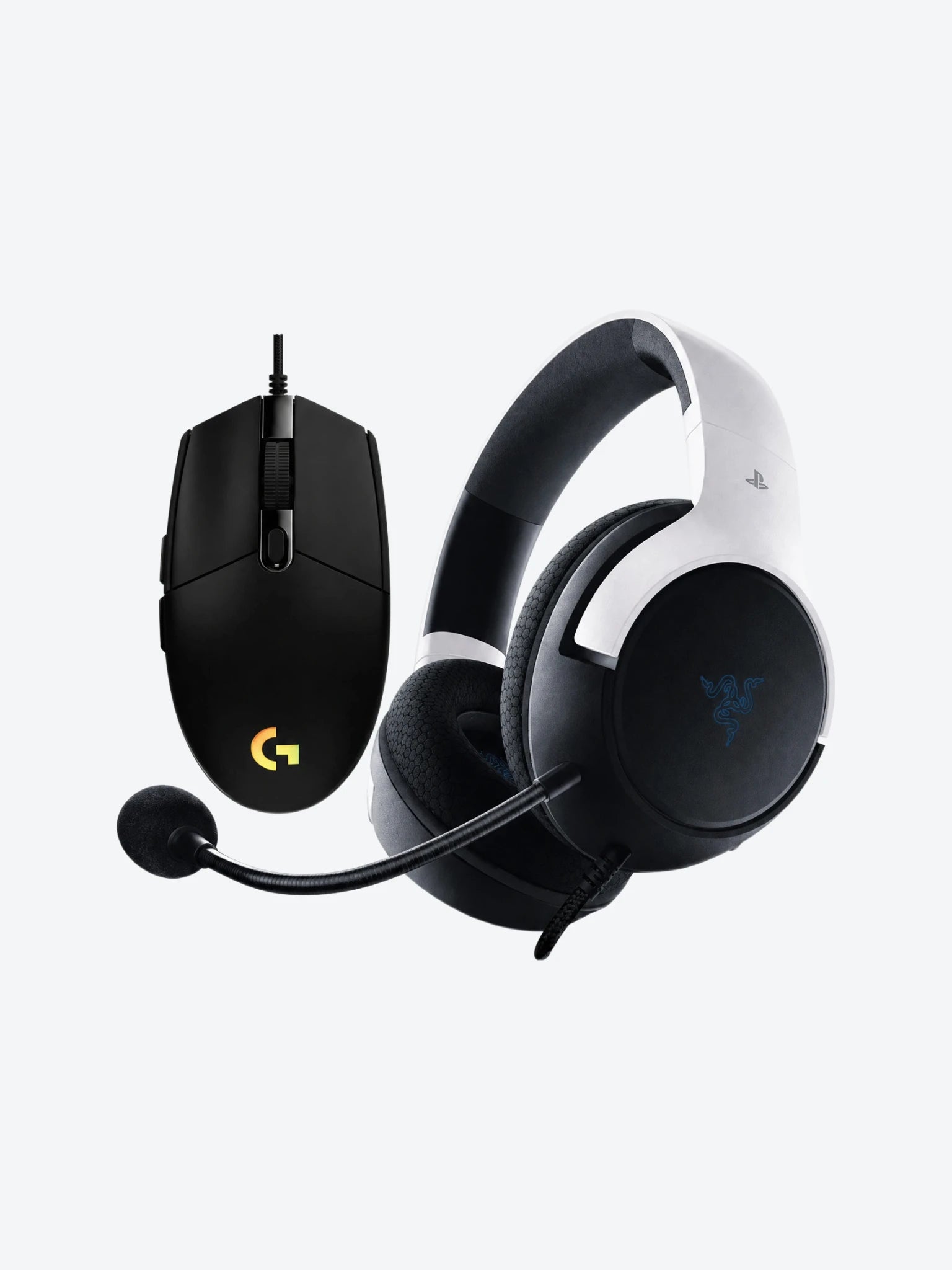 Combo de Headset Gaming Razer RZ04-03970700-R3U1 Color Blanco con Negro con Mouse Gaming Logitech G203 910-005790 Lightsync Color Negro