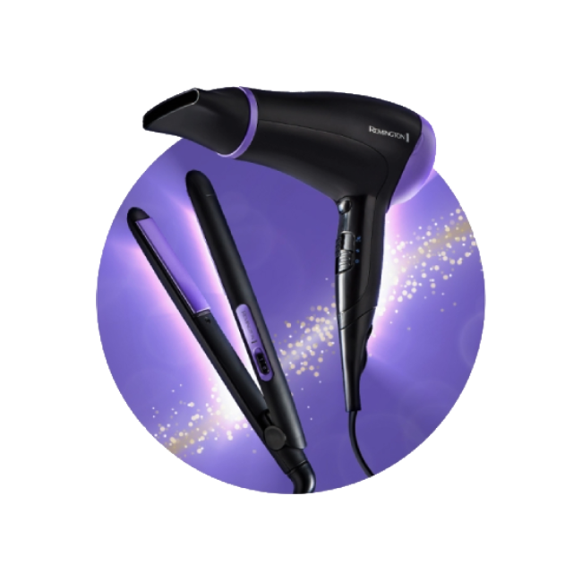 Combo Remington D3016GP-110F Secadora y Alisadora Essentials Color Negro con Morado