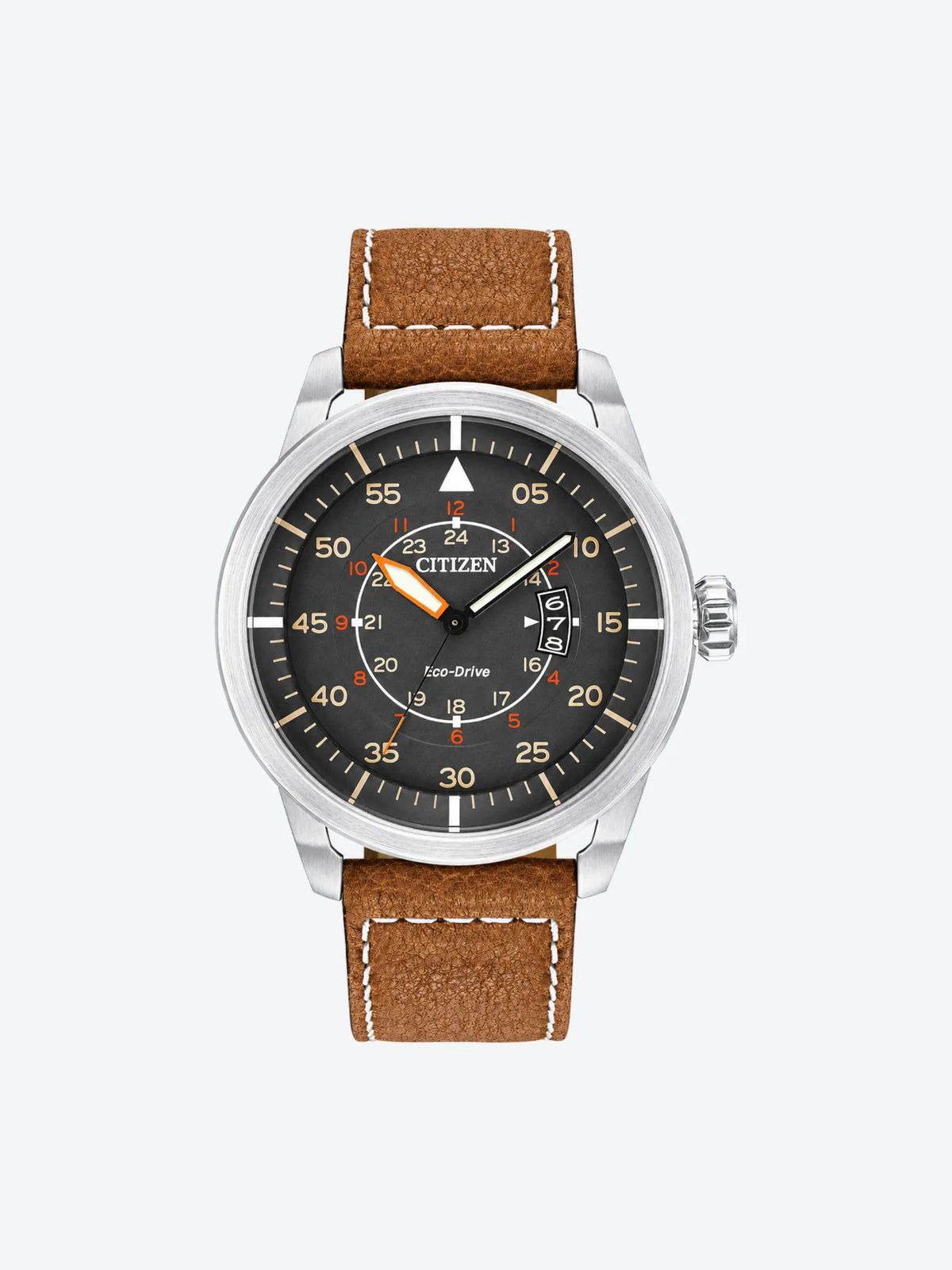 Reloj de Pulsera Anlogo Tres Manecillas Calendario Aviator y Fechador de Caballero esfera gris con Caja de Acero Inoxidable y Banda de Cuero Marrn.