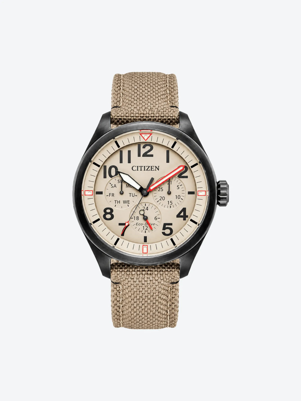 Reloj de Pulsera Anlogo Multimanecillas Calendario Indicador 24hrs Manecillas y Marcadores Luminosos de Caballero esfera beige con Caja de Acero Inoxidable BIP y Banda de Nylon Khaki.