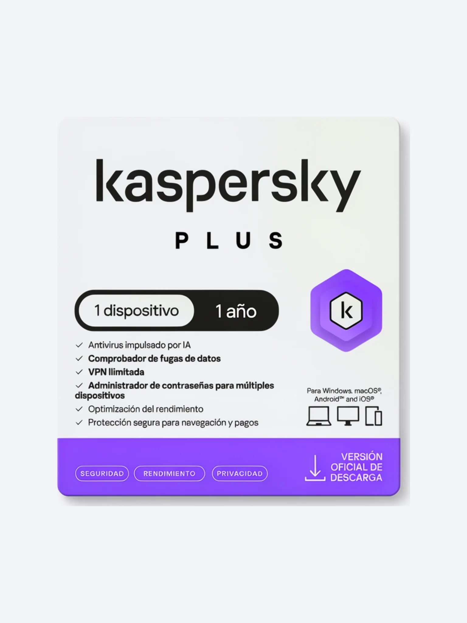 Kaspersky PLUS / 1 Dispositivo / 1 Cuenta KPM / 1 año / Base-1