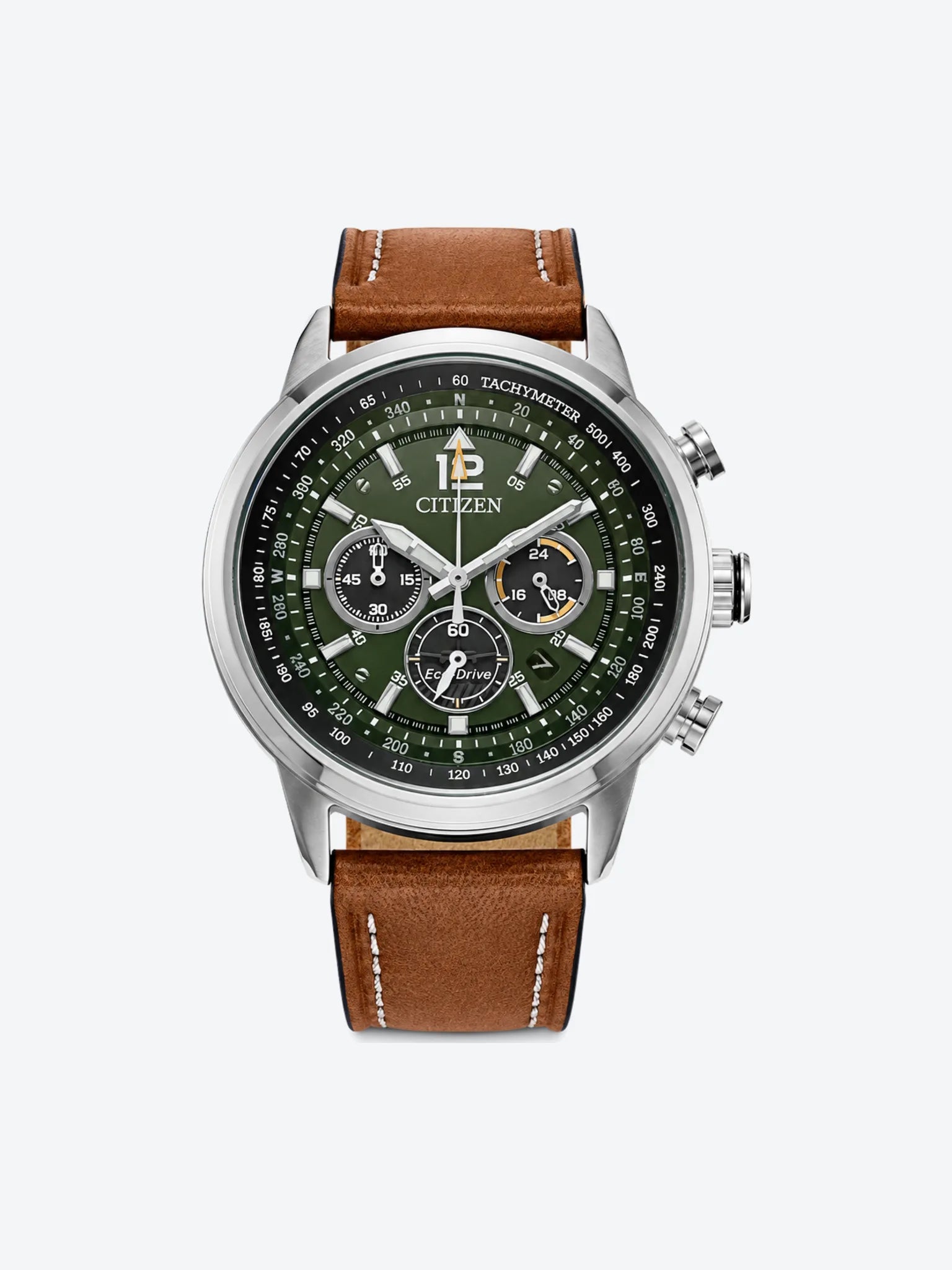 Reloj de Pulsera Anlogo Crongrafo Multimanecillas Calendario Indicador 24hrs y Fechador de Caballero esfera verde con Caja de Acero Inoxidable y Banda de Cuero Marrn.-1