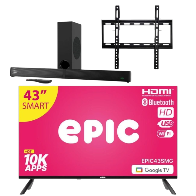 Combo de Sound Bar Klip Xtreme KSB-301 y Televisor Epic EPIC43SMG 43" con Bracket (Base) Para TV Epic EPICV23-2-1