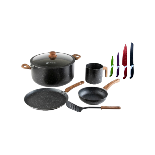 Bateria de Cocina Picca Catania PI006BMG 6 Piezas Color Gris Con Efecto Plateado con Set de Cuchillos Picca PI004SCAM 4 Piezas-2