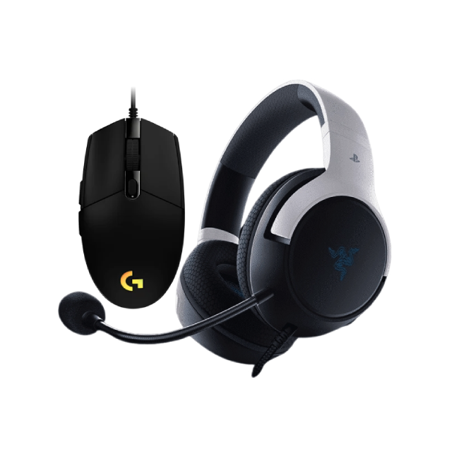 Combo de Headset Gaming Razer RZ04-03970700-R3U1 Color Blanco con Negro con Mouse Gaming Logitech G203 910-005790 Lightsync Color Negro