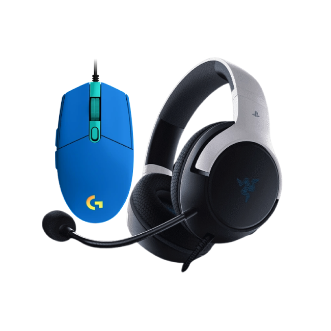 Combo de Headset Gaming Razer RZ04-03970700-R3U1 Color Blanco con Negro con Mouse Gaming Logitech G203 910-005792 Lightsync Color Azul-1