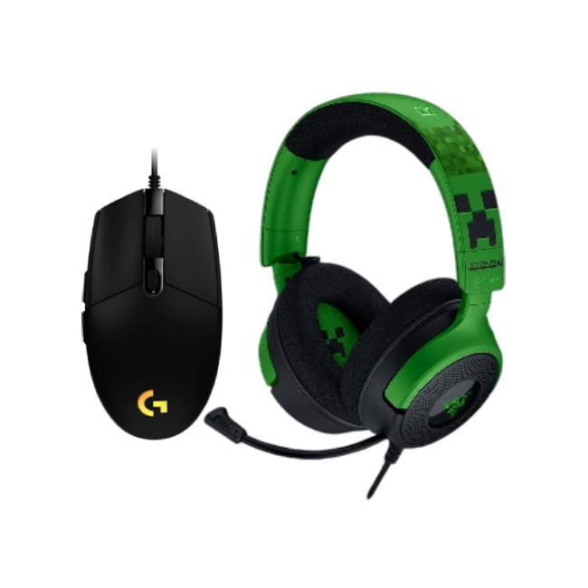 Combo de Headset Gaming Razer RZ04- 05180200- R3M1 Kraken V4 X Wired Color Verde Minecraft con Mouse Gaming Logitech G203 910-005790 Lightsync Color Negro-2