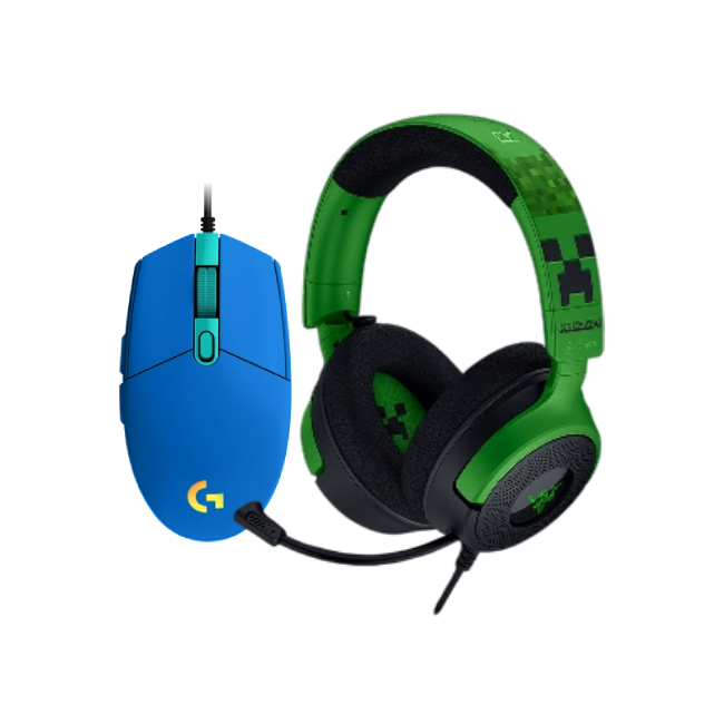 Combo de Headset Gaming Razer RZ04-05180200-R3M1 Kraken V4 X Wired Color Verde Minecraft con Mouse Gaming Logitech G203 910-005792 Lightsync Color Azul-2