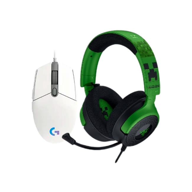 Combo de Headset Gaming Razer RZ04-05180200-R3M1 Kraken V4 X Wired Color Verde Minecraft con Mouse Gaming Logitech G203 910-005791 Lightsync 8000 DPI Color Blanco